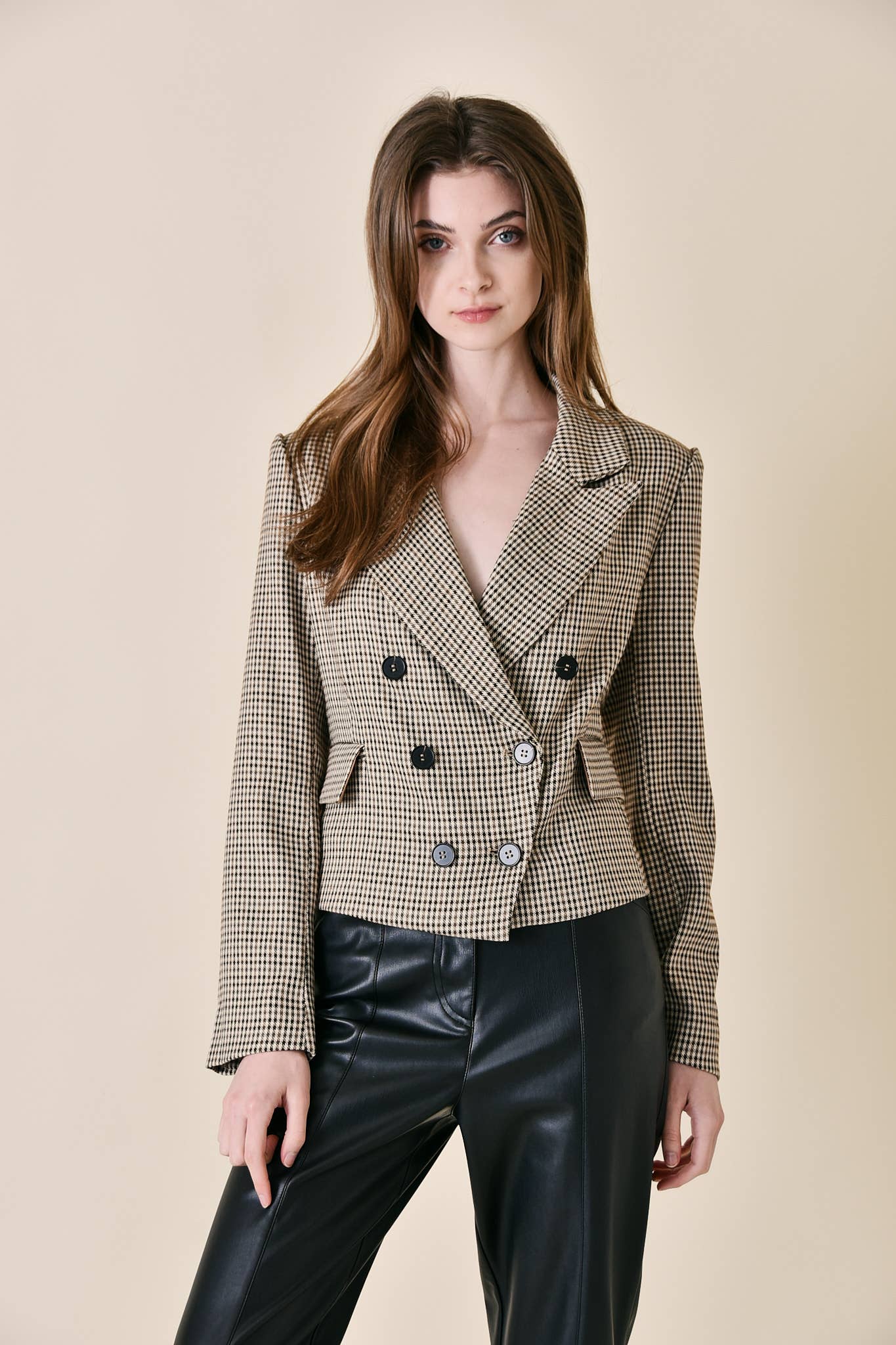 BROWN MULTI PREPPY TEXTURED PLAID DOUBLE BREASTED BLAZER-OI6000FO for wholesale on Faire2