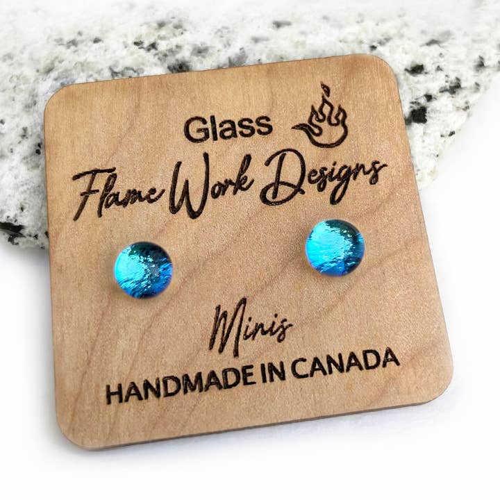 Dichroic Glass Mini Stud, Blue Raspberry 6mm Blue Earrings for wholesale by Flame Work Designs - Glass Jewelry