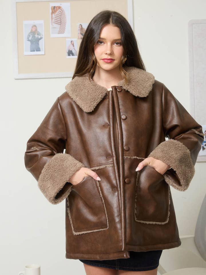 BROWN FAUX LEATHER SHEARLING BUTTON DOWN JACKET for wholesale on Faire3