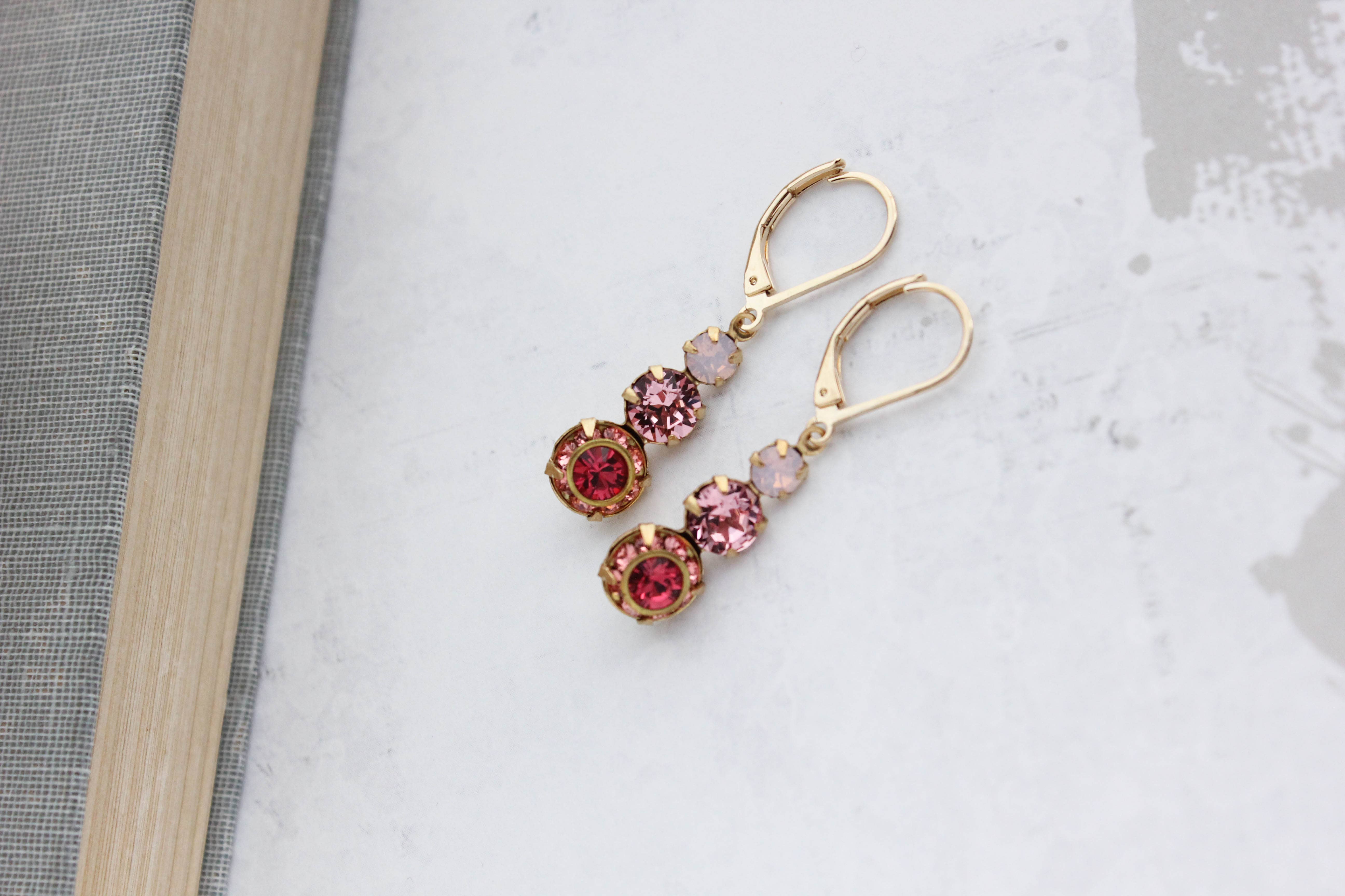 A Pocket of Posies - Wholesale Dangle Earrings - Vintage Glass Earrings -Three Jewel - Rose Pink Sparkle3
