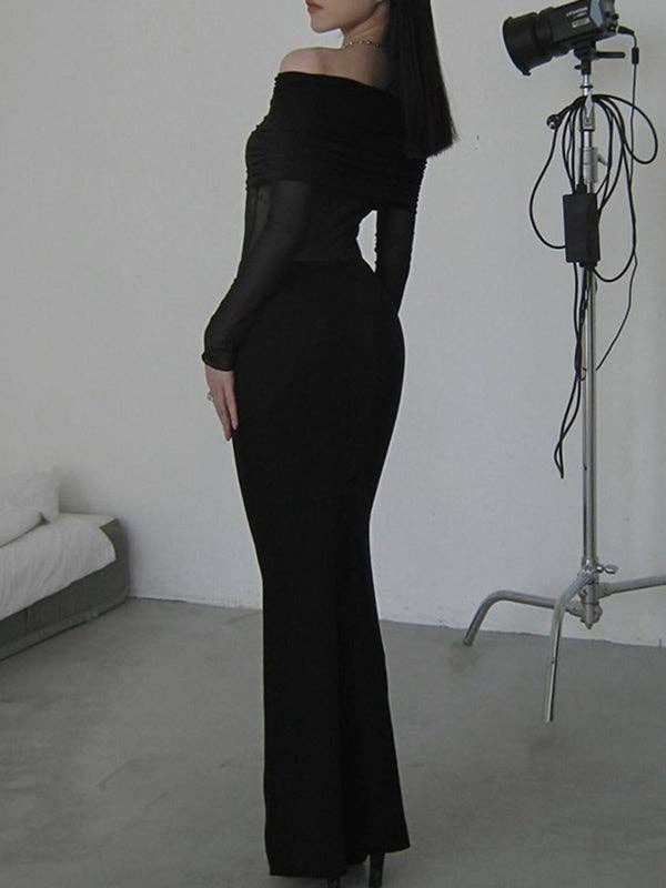 BLACK Long Sleeves Skinny Pleated See-Through Solid Color Split-Joint Off-The-Shoulder Evening Dresses Maxi Dresses for wholesale on Faire1
