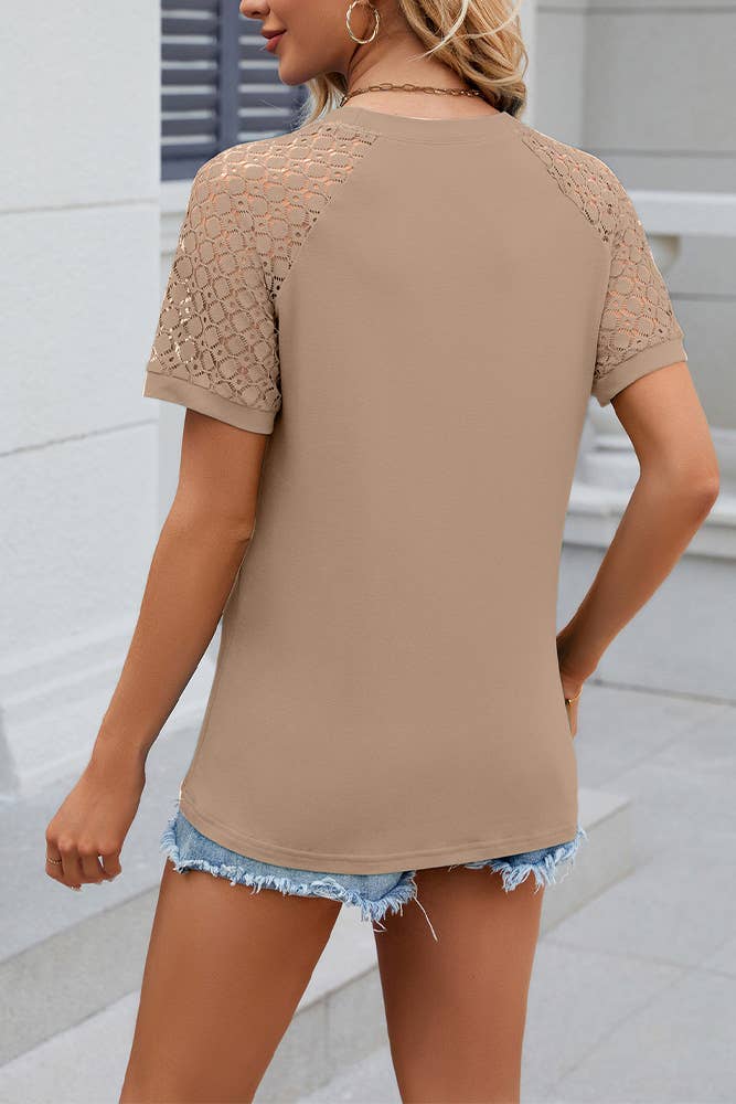 Comely Fashion - Wholesale Blouse - Women's - Solid Color Lace Sleeves Crew Neck T-shirt9