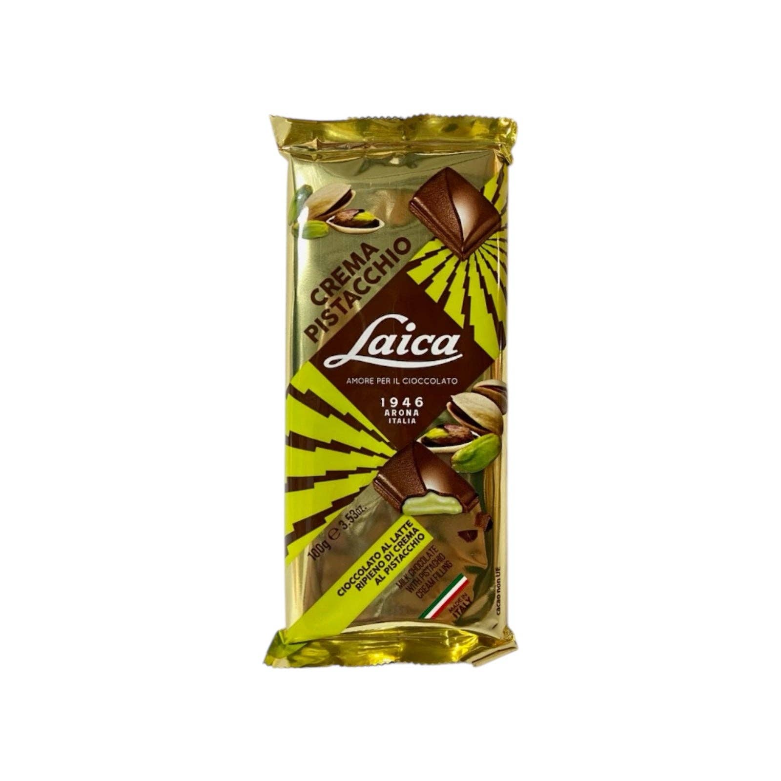 Made in eatalia - Vendita all'ingrosso Barretta di cioccolato - Barretta di Cioccolato al Latte Laica Ripiena di Crema al Pistacchio 100g