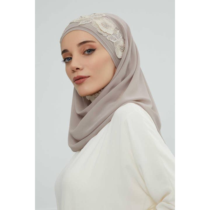 Aisha's Design - Wholesale Hijab – Women’s - Luxury Instant Chiffon Hijab with Floral Lace, Ready-to-Wear Chiffon Hijab with Embroidered Flowers,CPS-10155