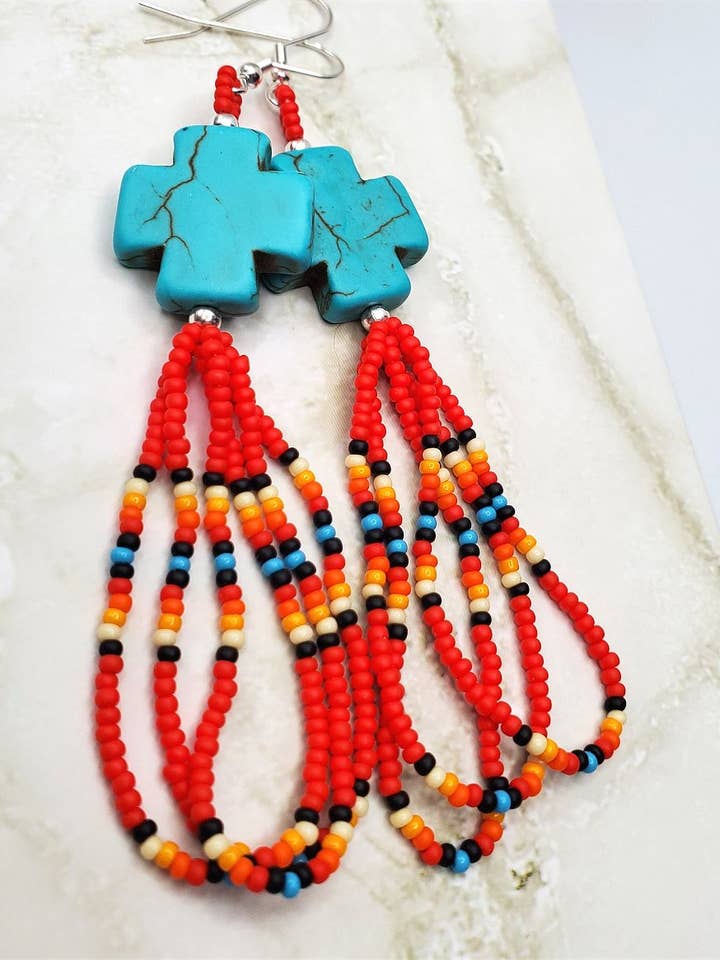 Turquoise Dyed Magnesite Cross Bead Earrings with Seed Bead Dangles for wholesale by Simply Raevyn