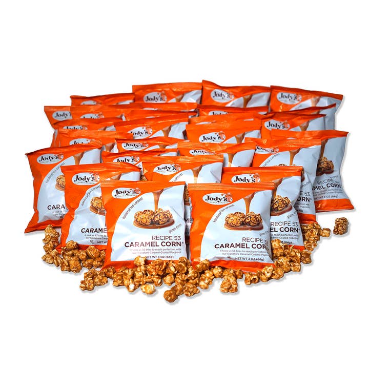 Recipe 53 Caramel Corn 1.5 oz Single Serving Bag - 24 pk for wholesale by Jody's Inc.