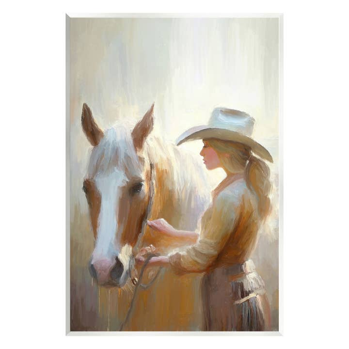 Schilderij op de plaquette van cowgirl en paard door de zon voor wholesale door Stupell Industries