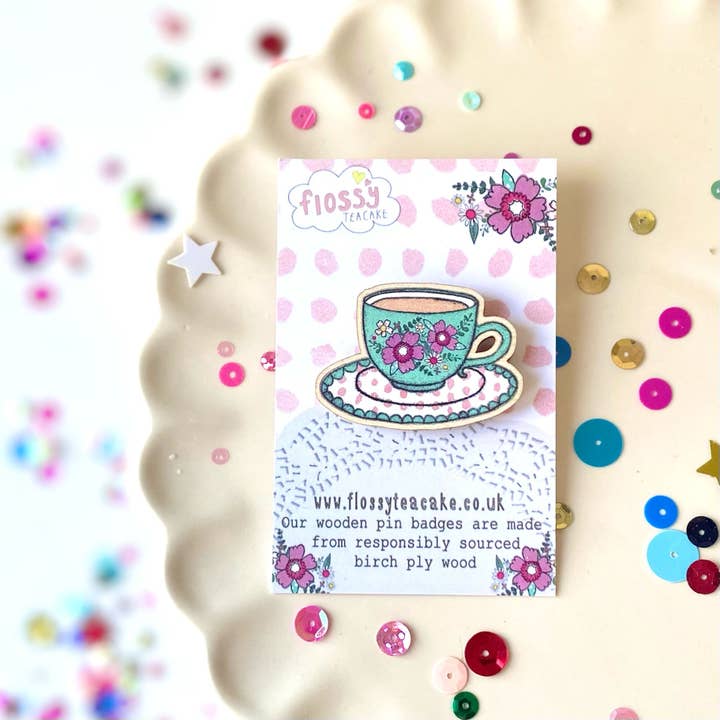 Teacup Wooden Pin Badge for wholesale by Flossy Teacake