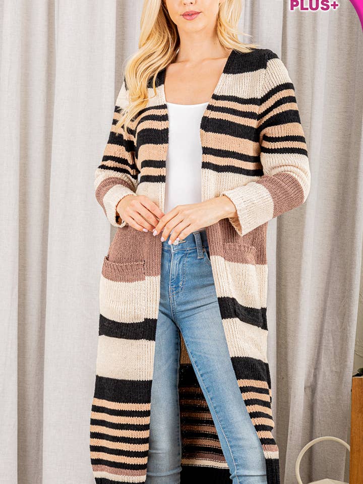 PLUS MULTI COLOR STRIPE OPEN CARDIGAN for wholesale by Pink Irene Wholesale