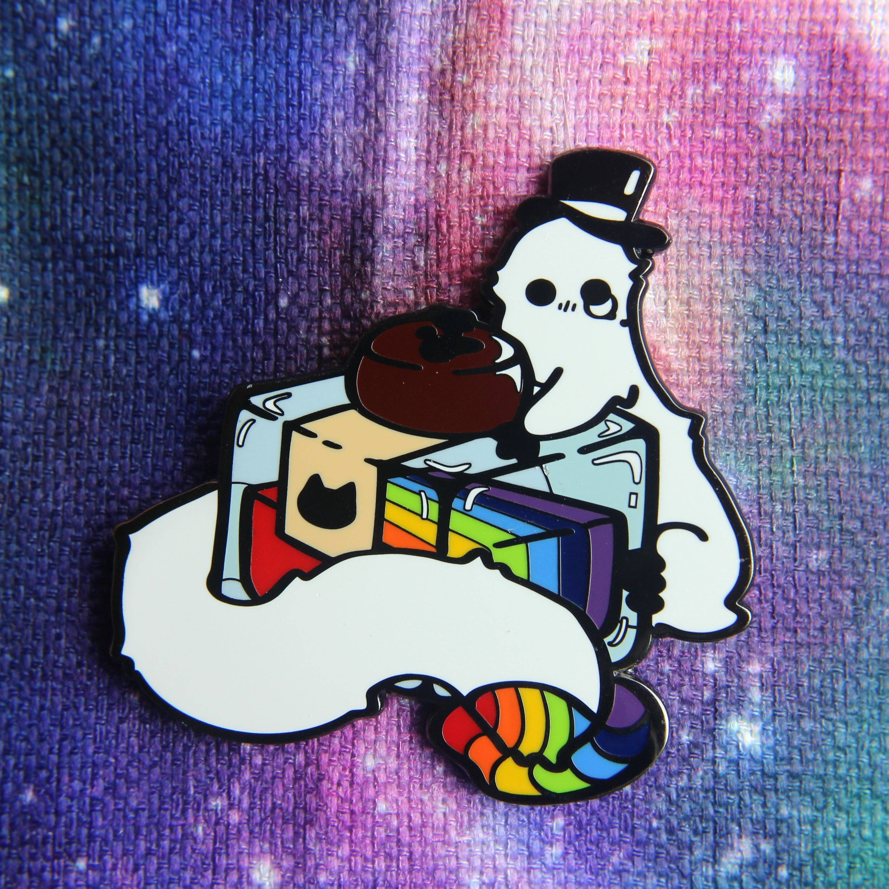 Dapper Cat Dice - Wholesale Lapel pin/button - Fuzzy Worm and Rainbow Ink 2" Enamel Pin