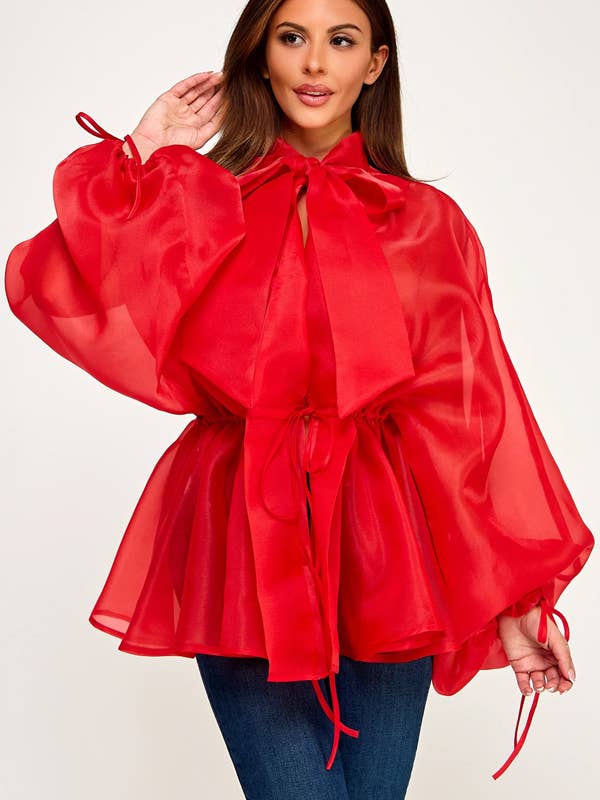 Blusa de Organza com Manga Comprida Bufante e Decote Cruzado por atacado de J2 FASHION