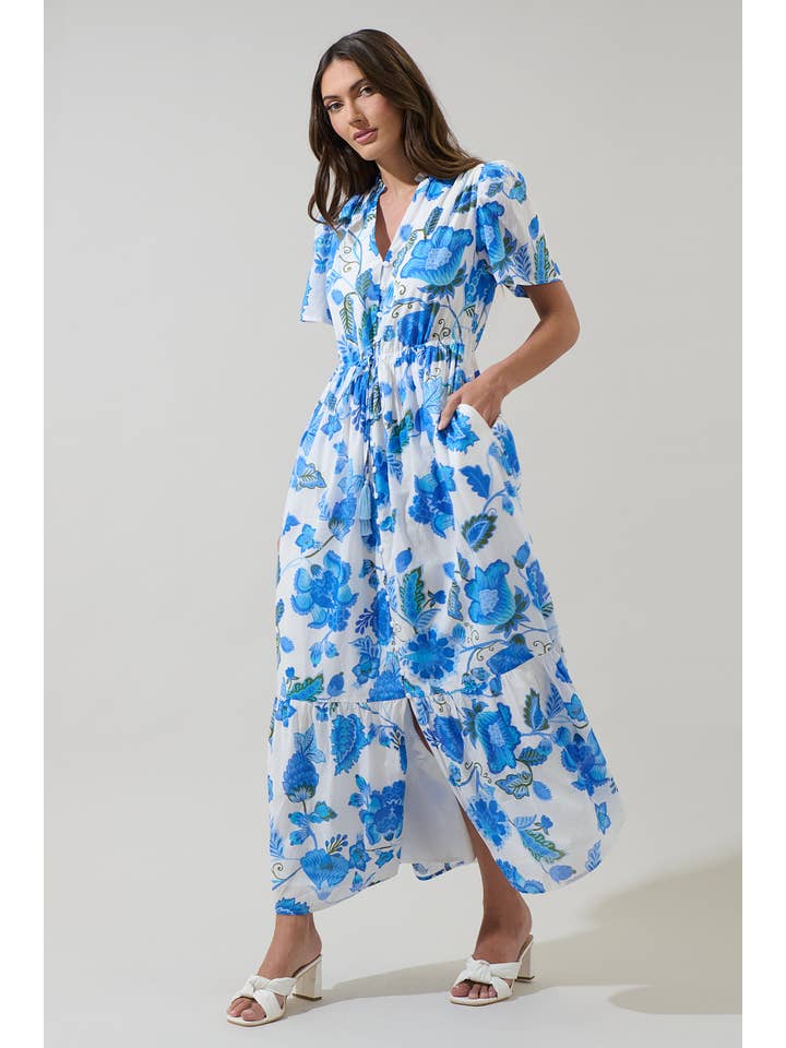 WHITE BLUE GREEN Samian Floral Kissa Button Down Maxi Dress for wholesale on Faire