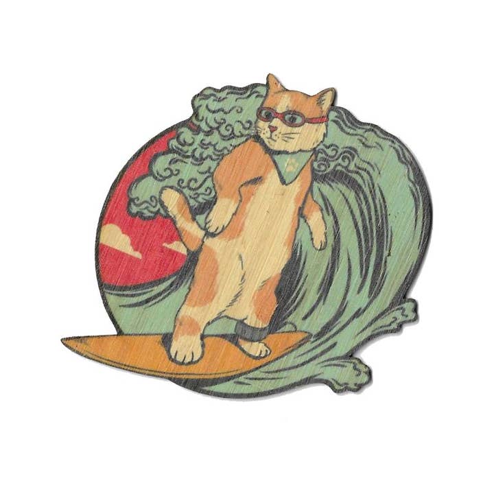 Bamboo Wood Stickers - Wholesale Sticker - Surfing Cat
