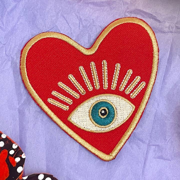 Golden Hour Designs - Wholesale Patch - Red Heart Evil Eye Embroidered Iron On Patch - Boho, Trendy0