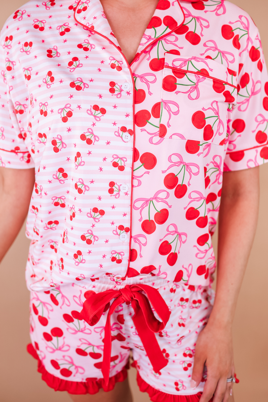 Red Cherry Bomb Ruffle Pajama Set for wholesale on Faire1