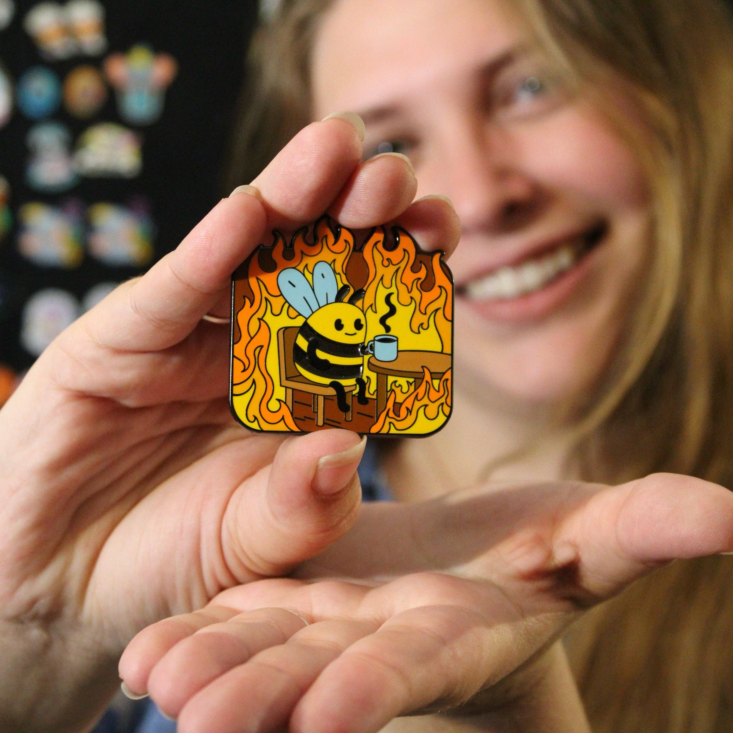 Pin Hive LLC - Wholesale Lapel Pin/Button - Everything Is Fine - Bee Sipping Tea In Fire Enamel Pin13