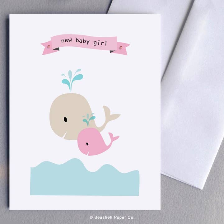 Carte bébé fille baleine pour la vente par Seashell Paper Co.