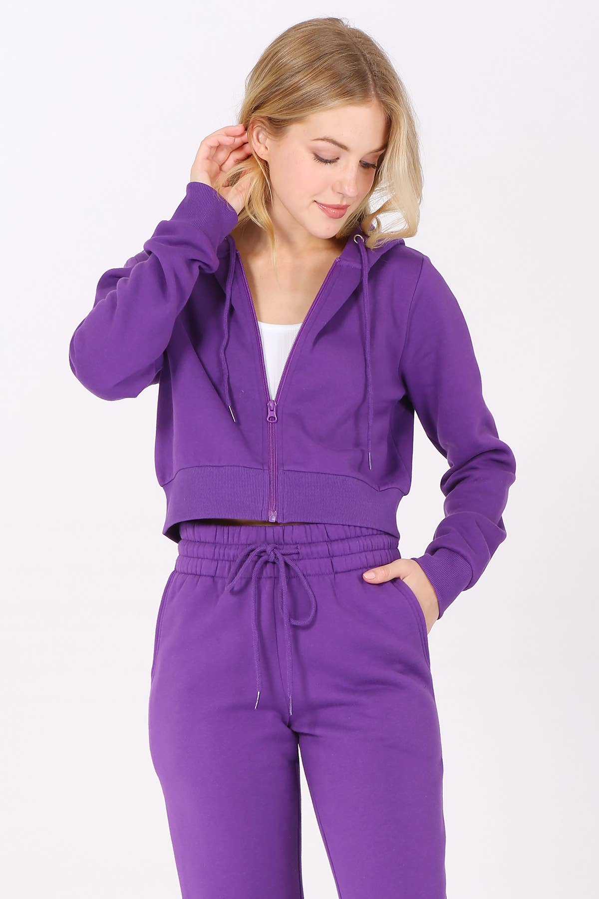 Color 5 - Wholesale Hoodie - Women's - Solid color fleece lined full zipper hoodie cropped jacket22