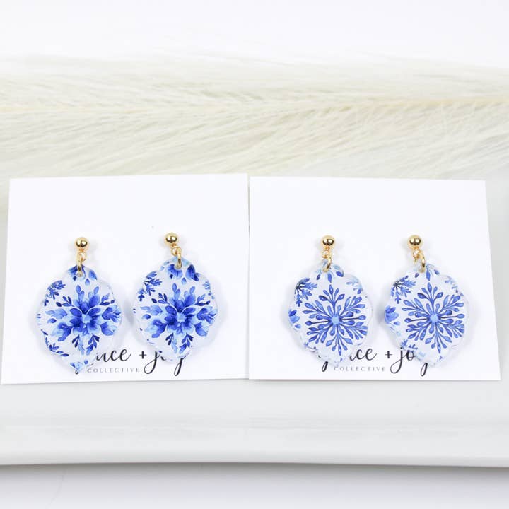 Blue Snowflake Scalloped Dangle Earrings, Christmas Winter for wholesale by Grace + Joy Collective