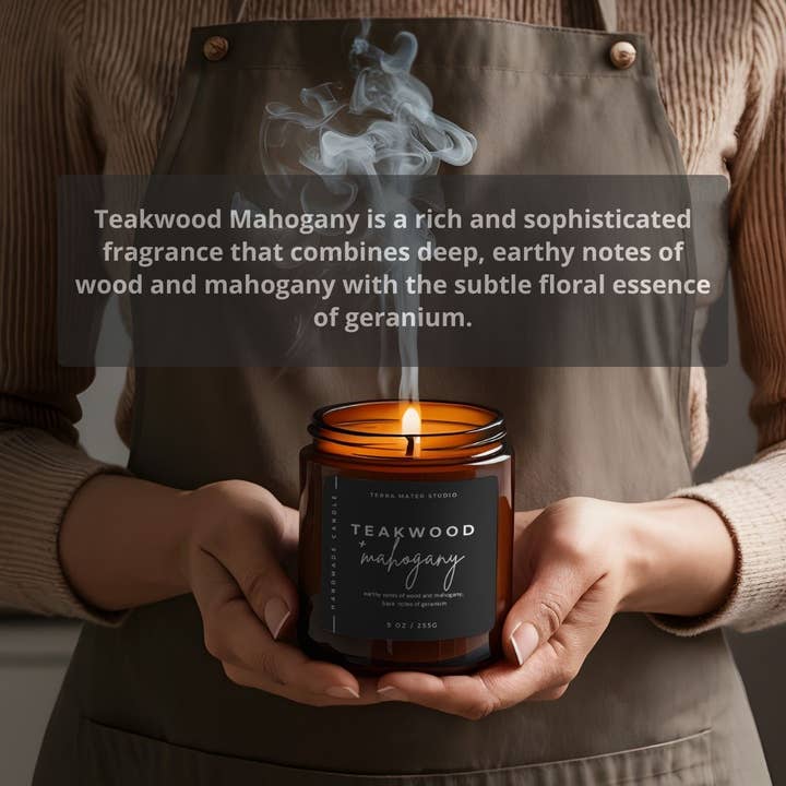 Terra Mater Studio LLC - Wholesale Jar/Filled Candle - Teakwood Mahogany All-Natural Candle | 50+ Hour Burn3