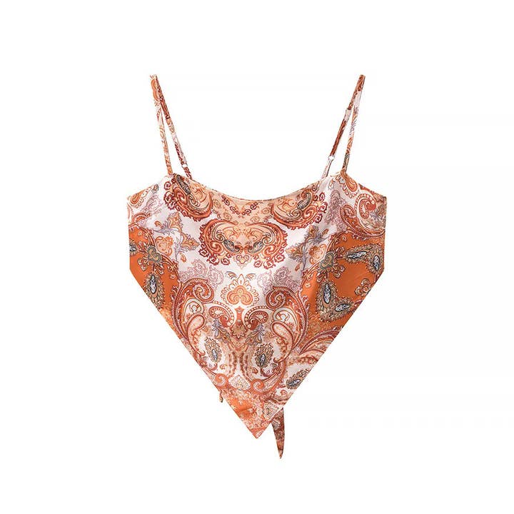 Rosa Clothing - Wholesale Camisole - Women's - Silk Vintage Print Backless Lace-Up Cropped Camisole Top