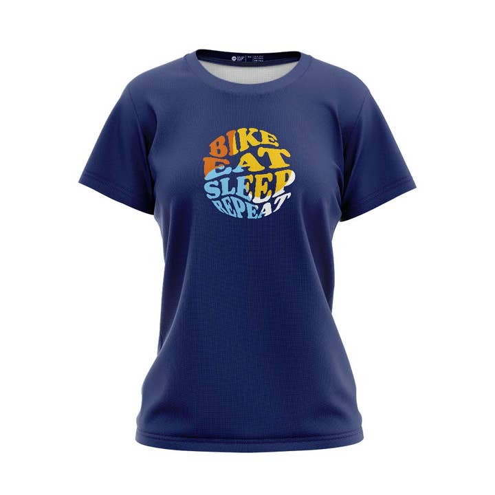 Navy Eat Sleep Bike Repeat Technical T-shirt voor dames voor wholesale door Fat Lad At The Back