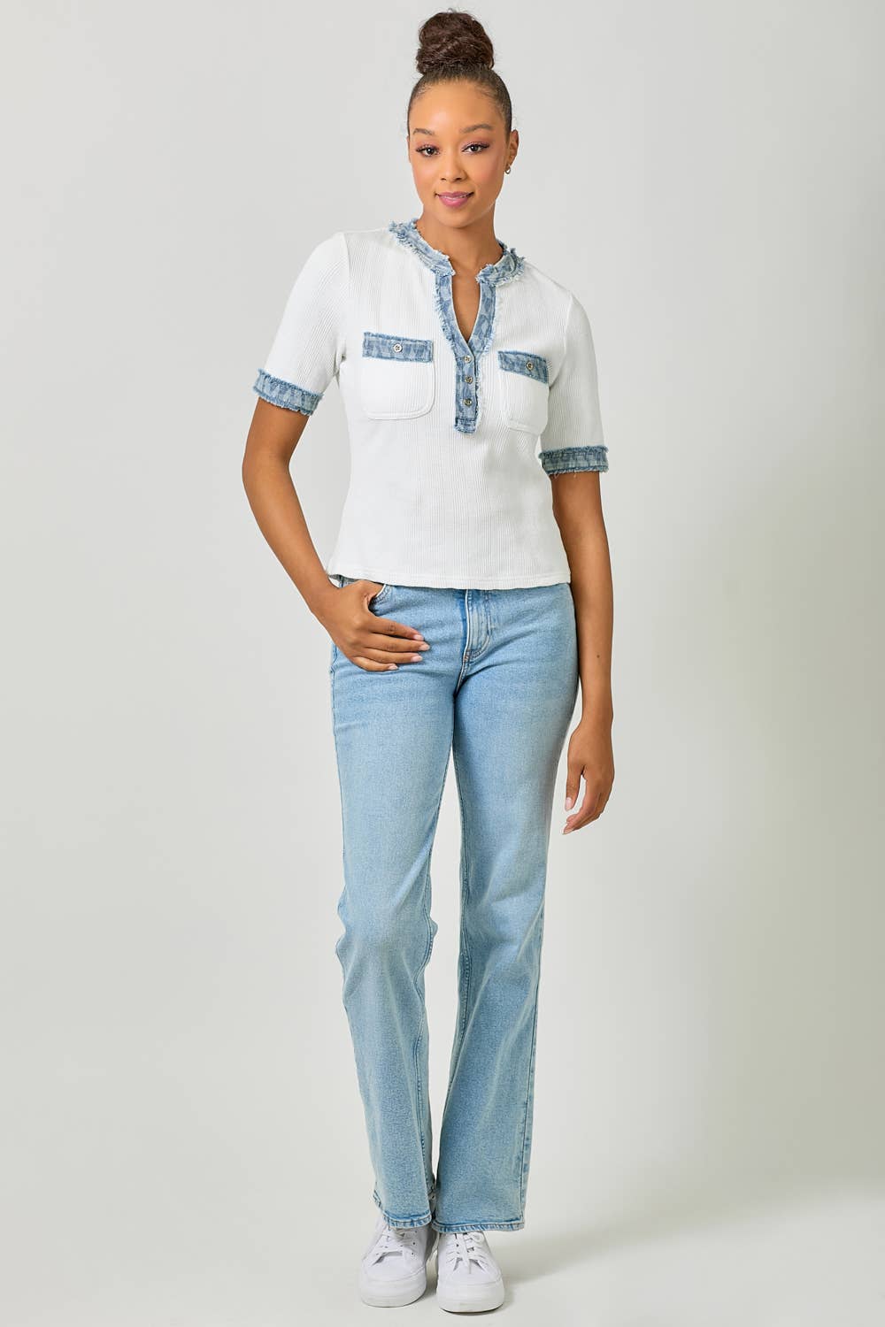 Mystree - Wholesale Blouse - Women's - 60981 Frayed Denim Trim Top 33