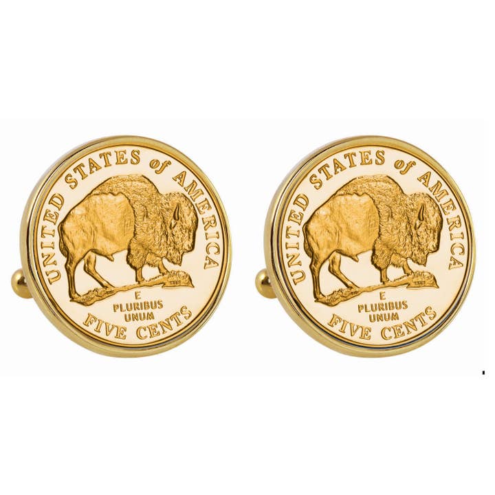 Gold-Layered Bison Nickel Goldtone Bezel Coin Cuff Links for wholesale by American Coin Treasures