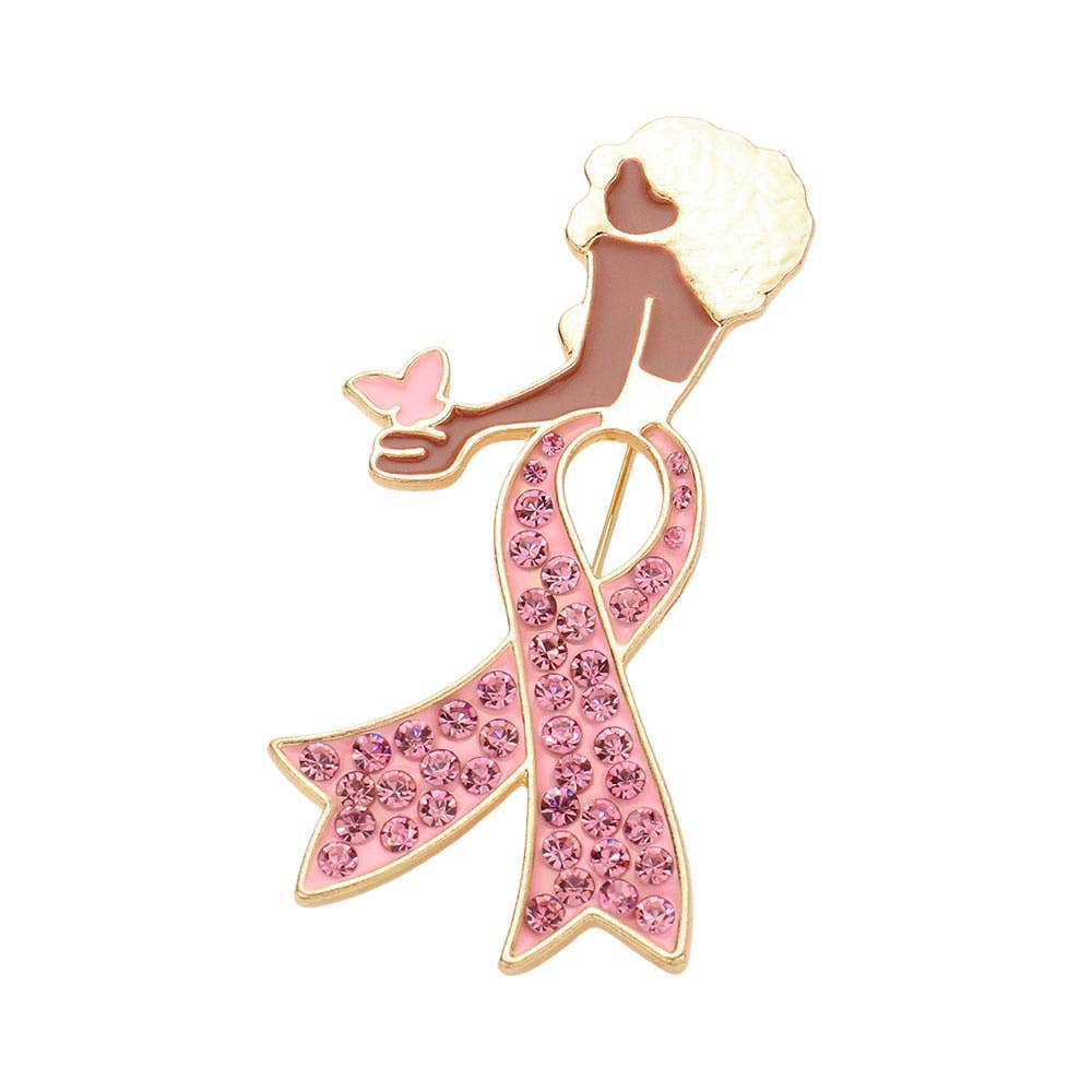 Sensibling Corp. - Wholesale Brooch - Stone Paved Pink Ribbon Enamel Afro Woman Pin Brooch7