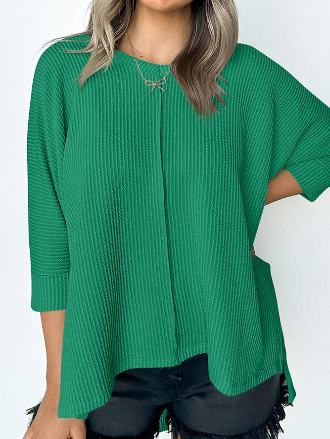 UNISHE - Wholesale Knit Top - Women's - Plain V Neck Textured Bat Wing Sleeves Top ASJP094