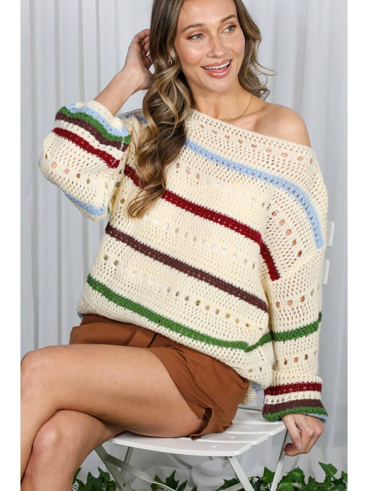 Multi Top de suéter de punto de crochet a rayas multicolor VT81238A- de venta al por mayor en Faire12