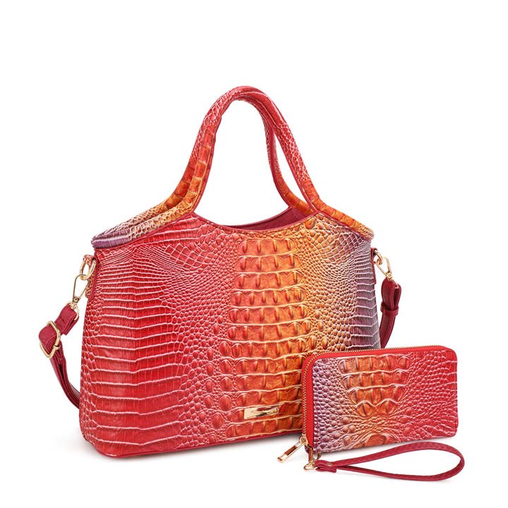 KAYLA+AVA - Wholesale Satchel - Women's - SERENDIPITY CROC EMBOSSED OMBRE SATCHEL SET WITH WALLET
