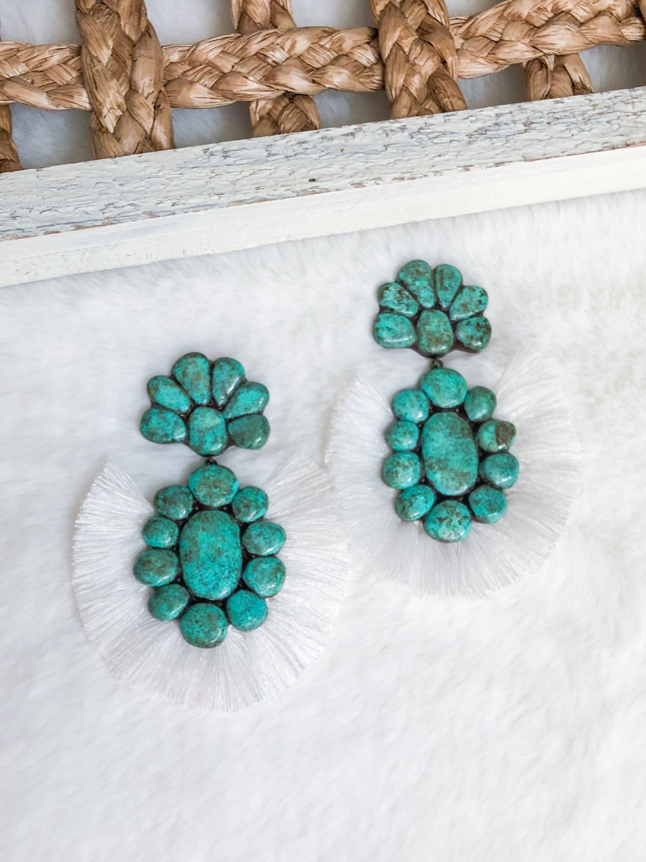 Nomadic Brunette - Wholesale Dangle Earrings - The Roan Earrings - Turquoise With White Fringe1