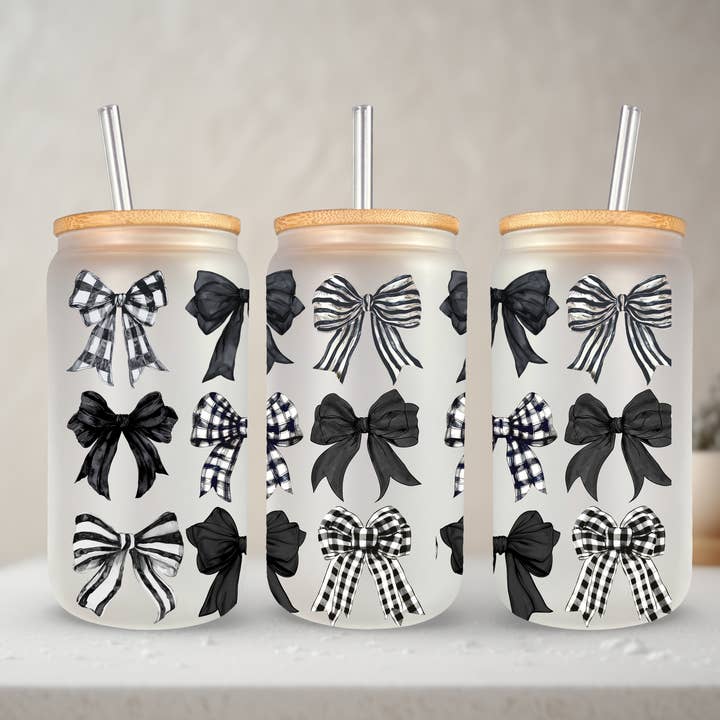 SKS Design Studio - Wholesale Drinking Glass/Cup - Black Check Coquette | 20 oz Glass with Bamboo Lid & Straw
