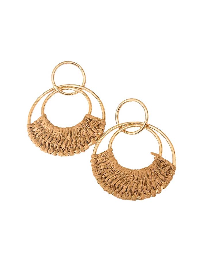 St tropez rattan & gold stainless steel hoop earrings for wholesale by Amber Leaf Jewellery