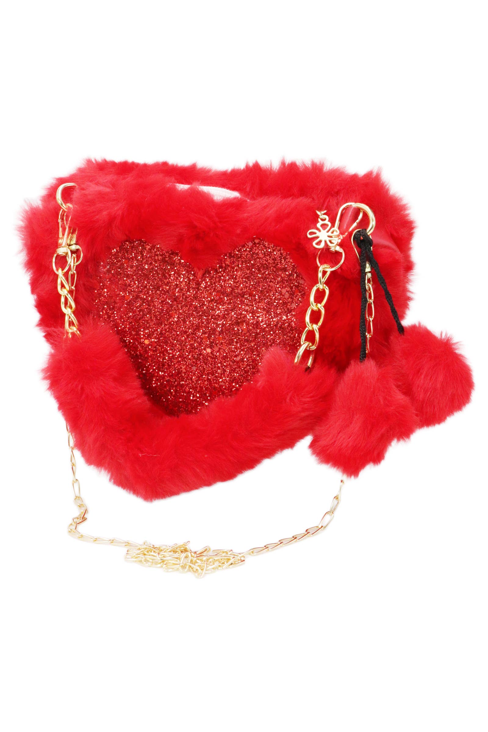Cap Zone - Wholesale Crossbody Bag - Women's - Heart Glitter Faux Fur Crossbody Shoulder Bag4