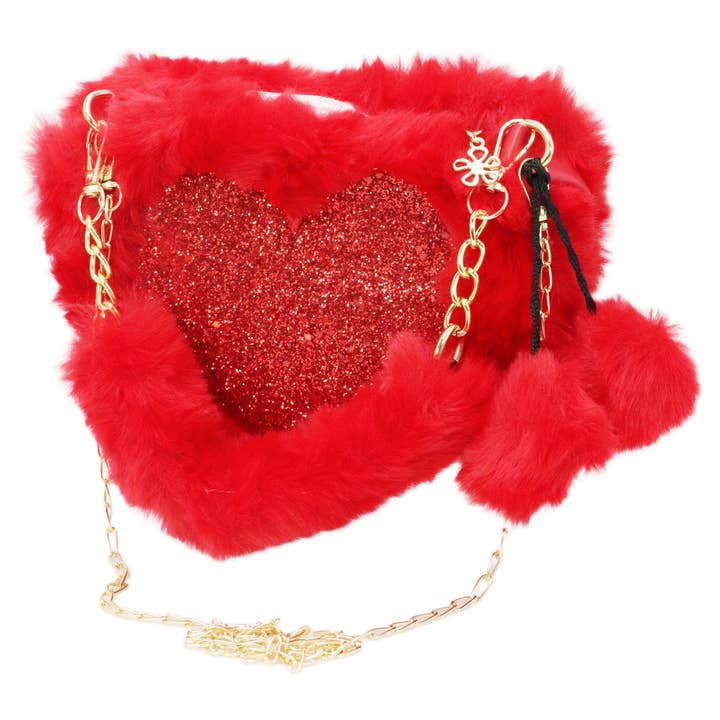 Cap Zone - Wholesale Crossbody Bag - Women's - Heart Glitter Faux Fur Crossbody Shoulder Bag4