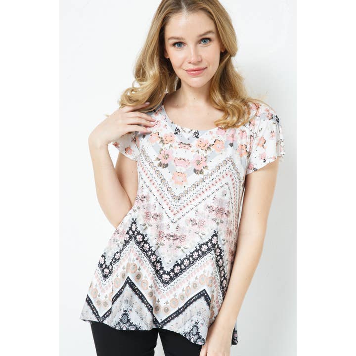 *PROMO*TOP À ENCOLURE DÉGAGÉE IMPRIMÉ BORDURE - T7113P22 pour la vente par 01 Allum