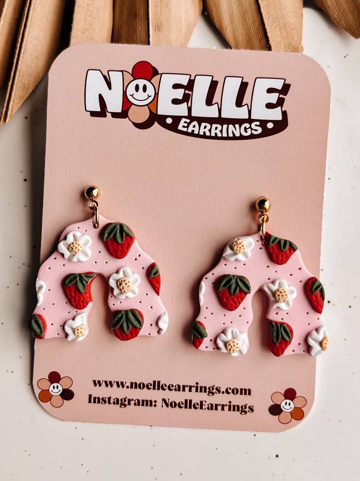 Strawberry Daisy Arches | polymer clay earrings for wholesale by Noelle Earrings