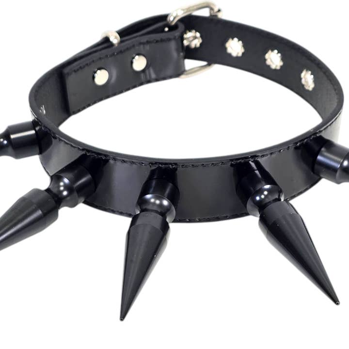 CK286P PATENT NEON 3" SPIKE L LEATHER COLLAR WITH 5PCS 3" MASIVE SPIKE for wholesale by Funk Plus