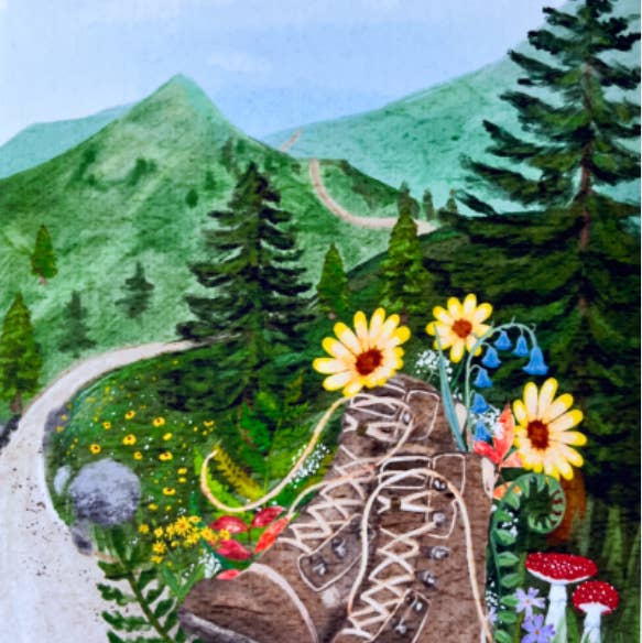 glad you're here co - Wholesale Art Print - Forest Journey Art Print – Hiking Boots & Wildflower Scene | Satin-Finish Photo Paper, 5×7 • 8×10 • 11×14 (Quote Option Available)0