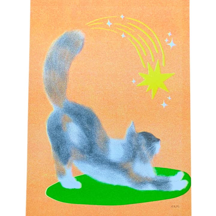Risograph Print - Grote Gestrekte Pluizige Kat 5x7" voor wholesale door StitchPrism