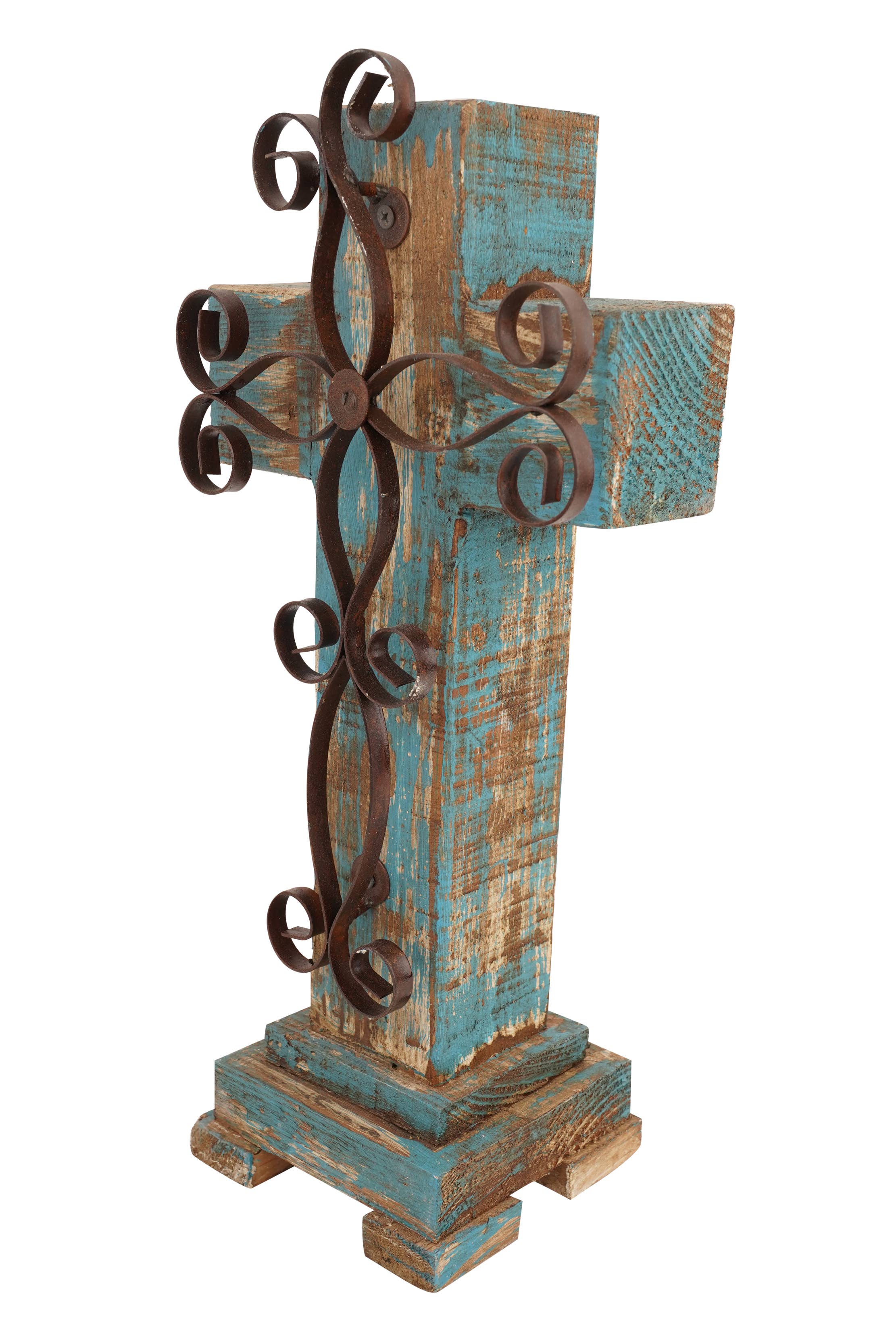 My Amigos Imports - Wholesale Decorative Tabletop Object - Laredo Pedestal Wood Cross-Farmhouse-Wood & Iron-8x17Hx4D7