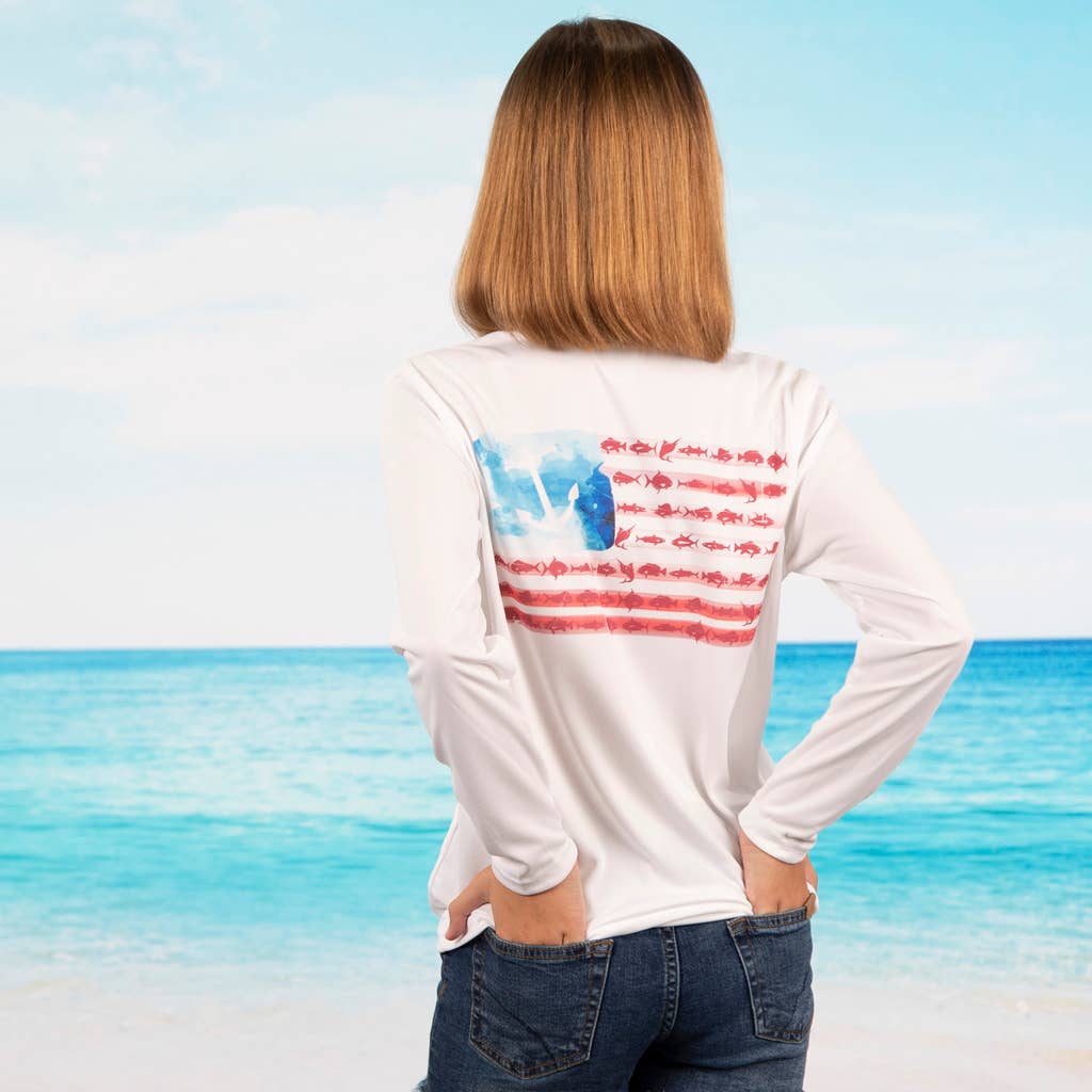 White Caloosa Kids "American Fish" UPF 50 Ultra Comfort Shirt for wholesale on Faire1