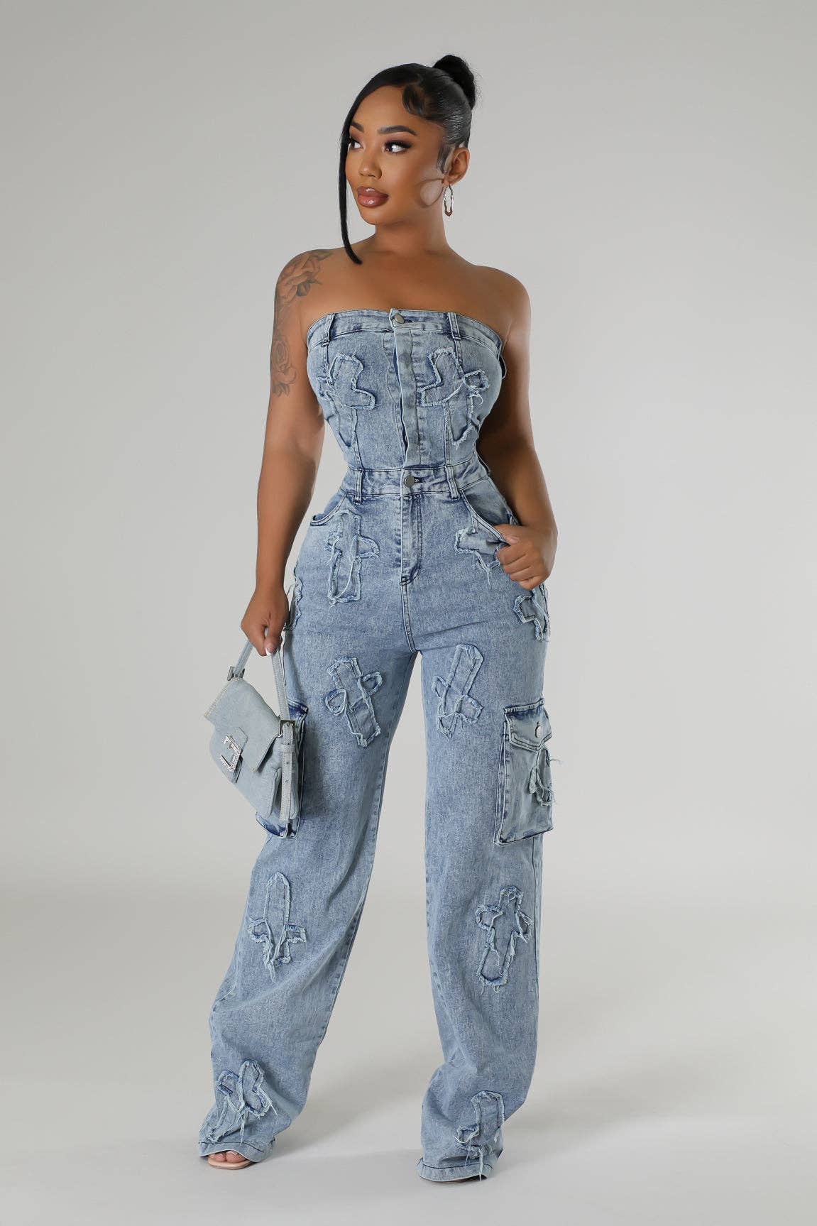 5besties inc - Wholesale Jumpsuit - Women's - CROSS PATCH DETAIL DENIM JUMPSUITS2