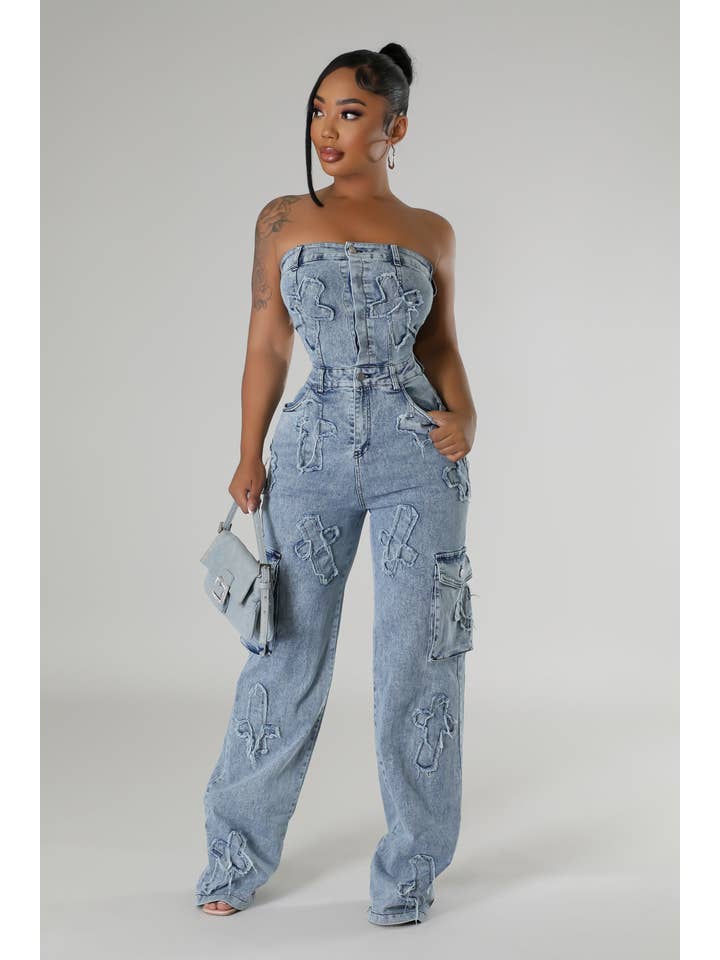 5besties inc - Wholesale Jumpsuit - Women's - CROSS PATCH DETAIL DENIM JUMPSUITS2