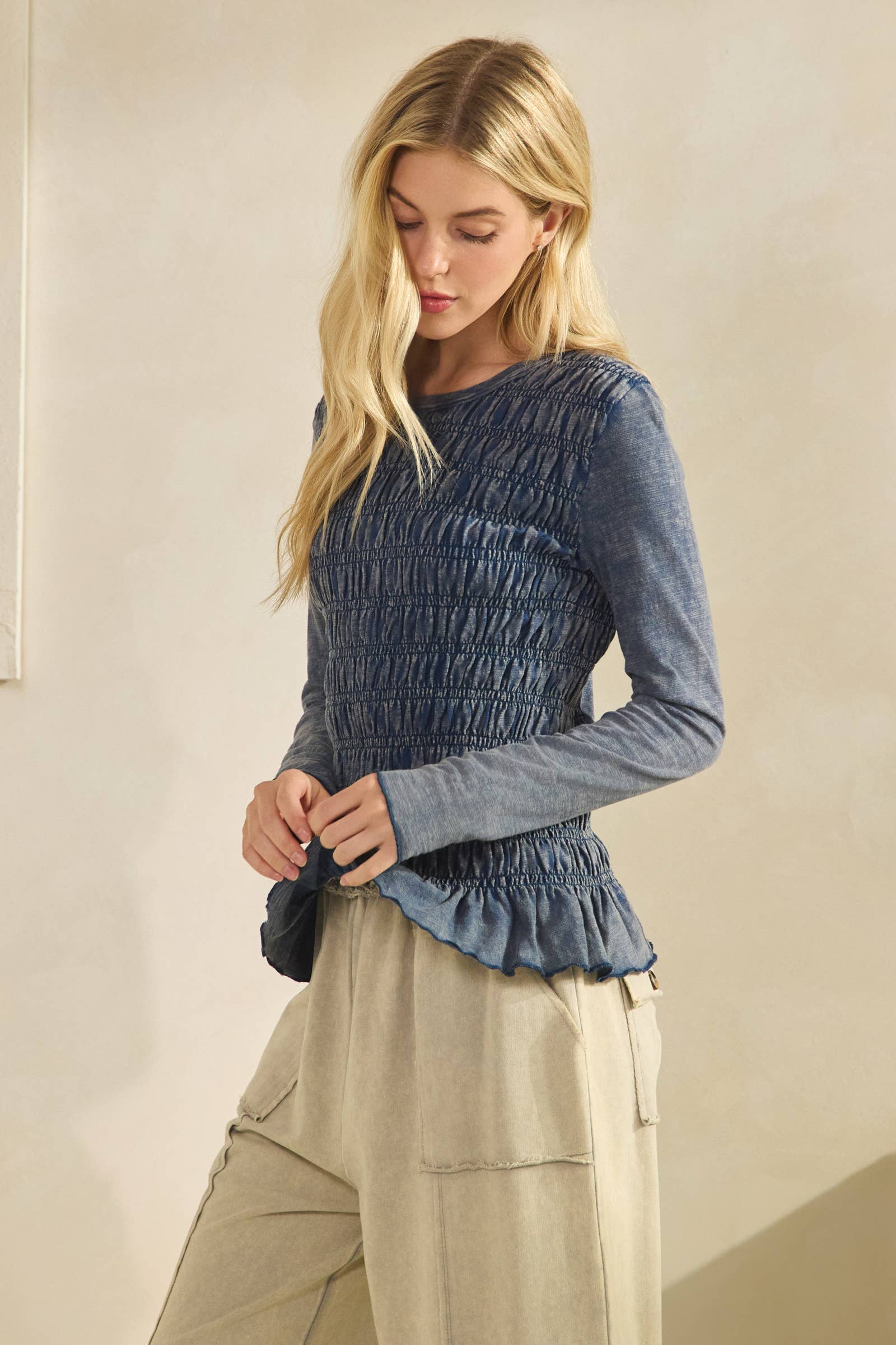 Sage + Fig - Wholesale Knit Top - Women's - SMOCKED PEPLUM LONG SLEEVE TOP (ST7986) 11