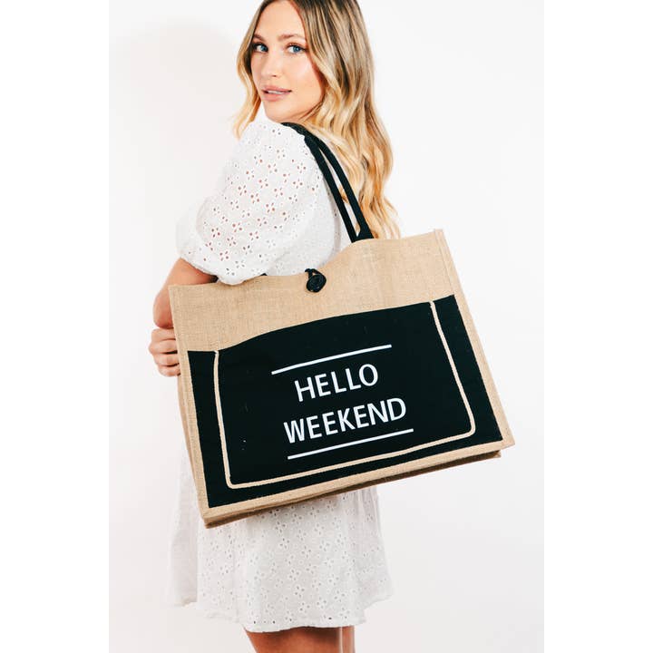 Hello Weekend Burlap Tote Bag and other Purchase Wholesale weekend bag. Free Returns & Net 60 Terms on Faire trending on Faire.