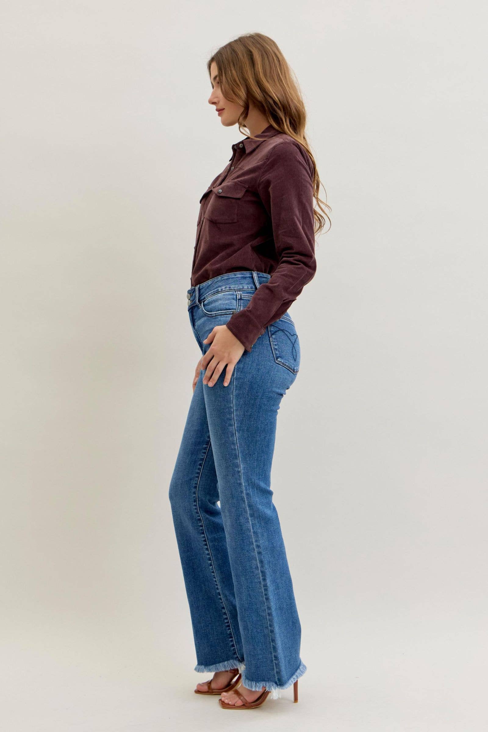 Watermelon Apparel - Wholesale Jeans - Women's - Judy Blue High Waist Double Button Fray Hem Bootcut, Inseam 2