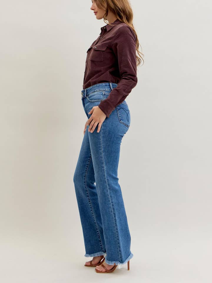Watermelon Apparel - Wholesale Jeans - Women's - Judy Blue High Waist Double Button Fray Hem Bootcut, Inseam 2